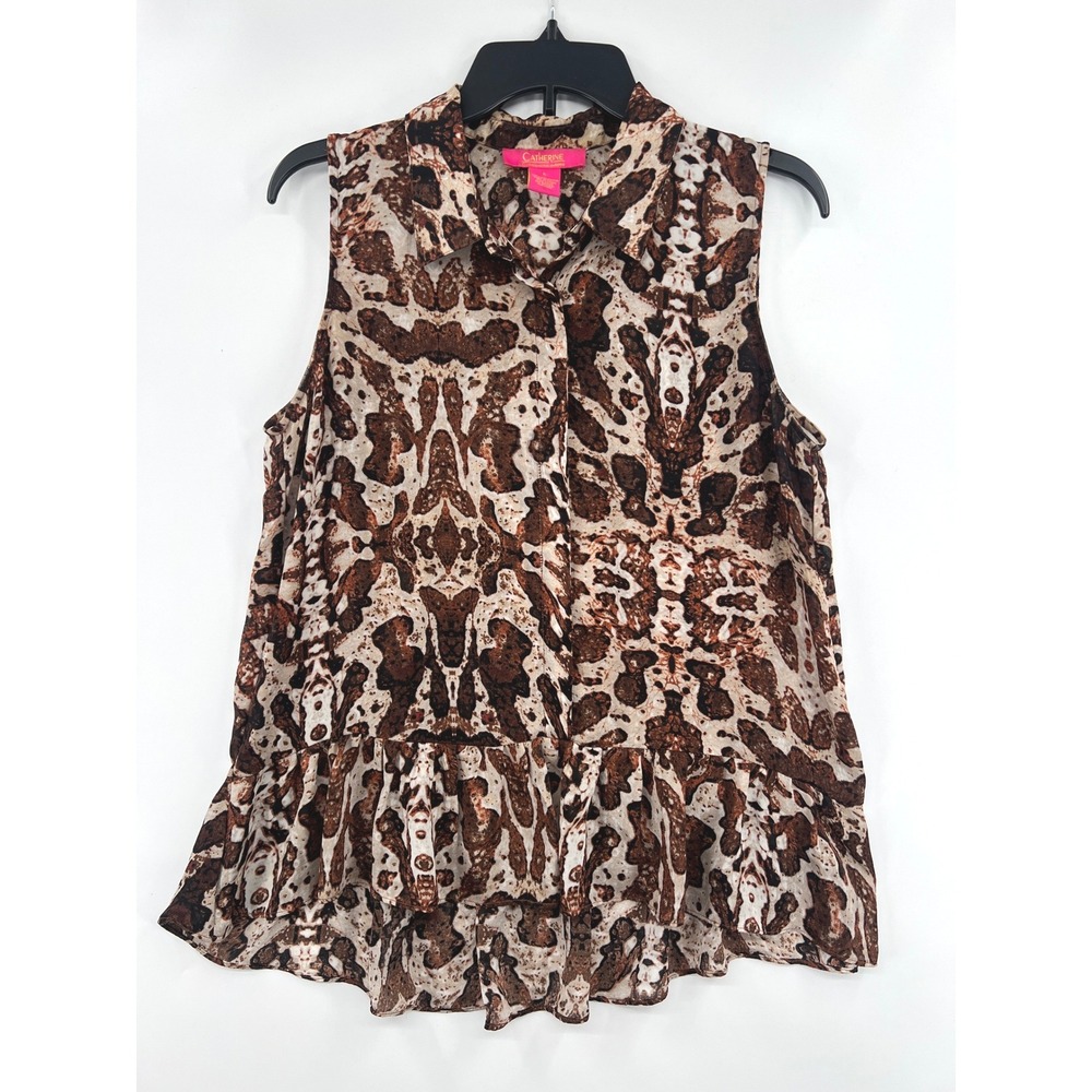 Catherine Malandrino Top Womens L Brown Animal Print Ruffle Hem Boho Earthy Chic